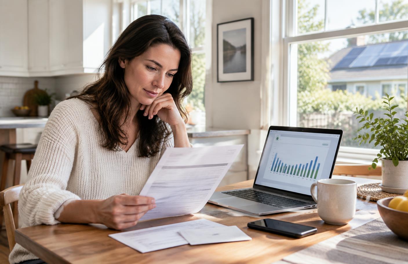 Homeowner reviewing an electric bill beside an energy usage chart