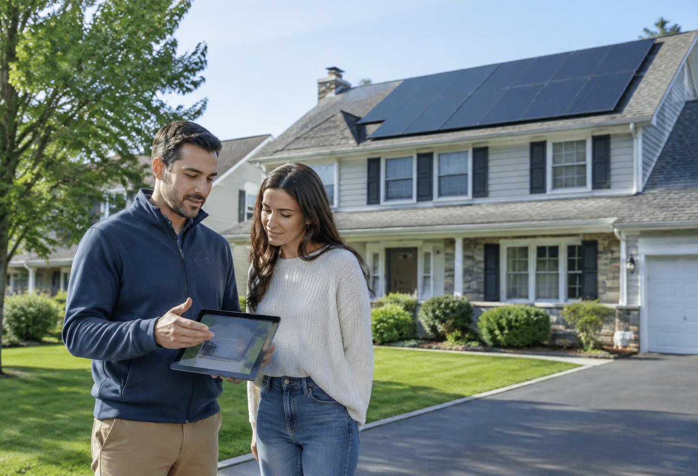 Solar advisor reviewing a residential solar panel design with a homeowner