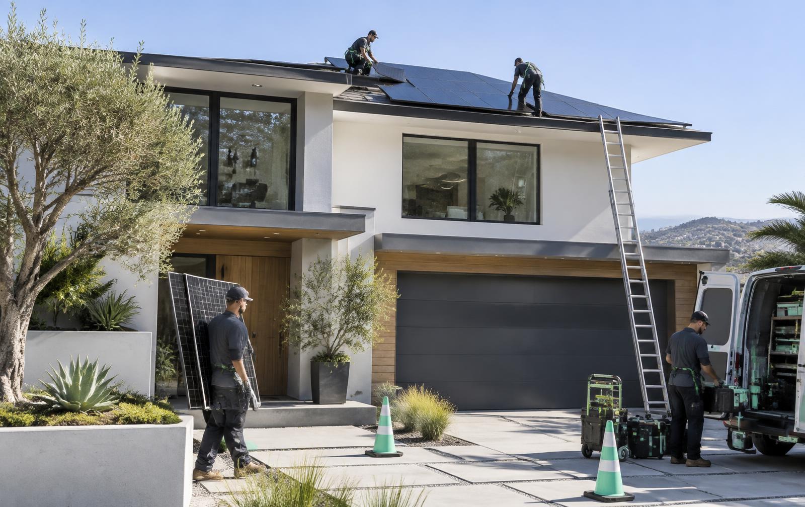 Solar panels being installed on a modern home